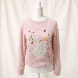 Wonder Nation Youth XL Swan Sweater Pink Fuzzy Graphic Soft Cozy Tween Cute